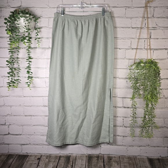 Womens Linen Blend Skirt Soft Moss Green Side Slits Size Large Kathie Lee - Picture 1 of 4